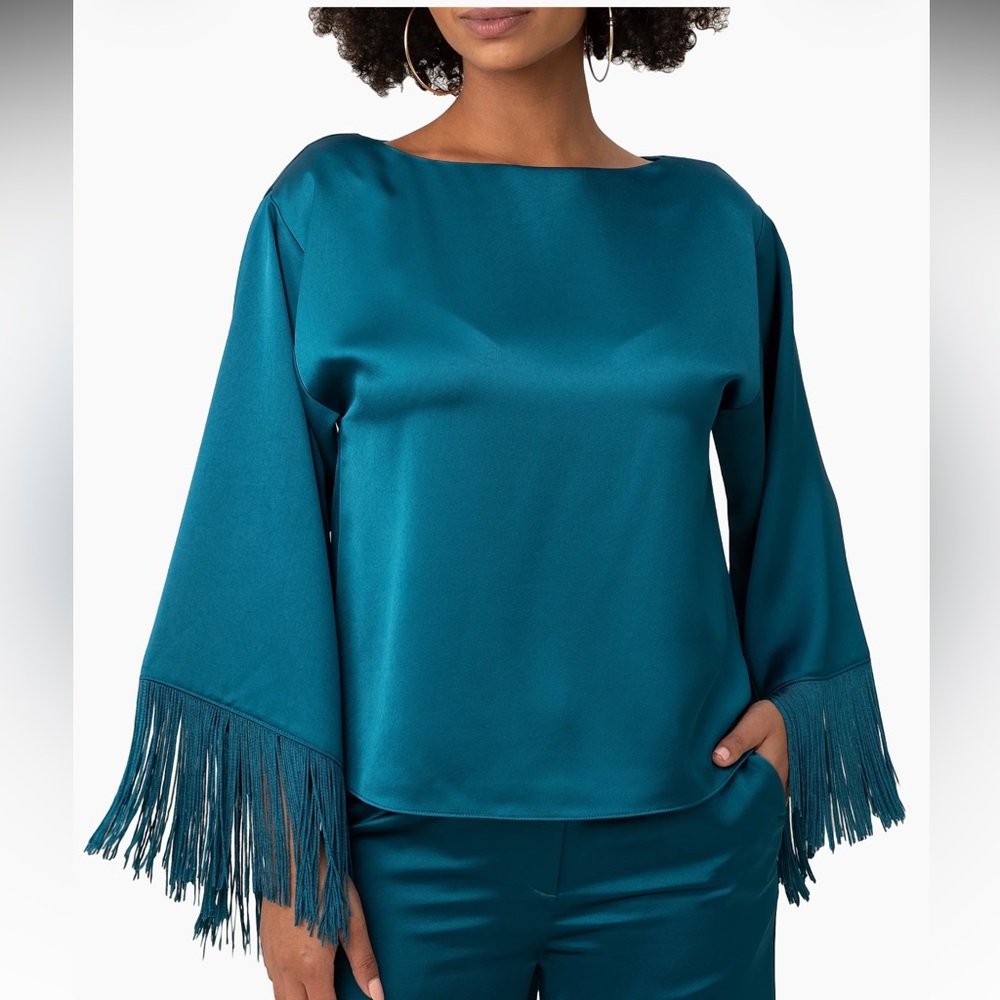 Trina Turk Teal Blouse with Fringe Sleeves